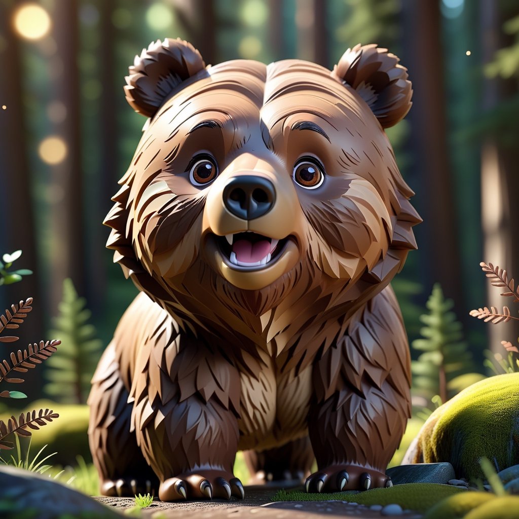 close up angle of, cute face, ((),(3d Grizzly Bear )) surrounded by forest,(sunny day 1.0) ,animal, detailed focus, deep bokeh, beautiful, , dark cosmic background. Visually delightful , 3D,more detail XL,chibi,