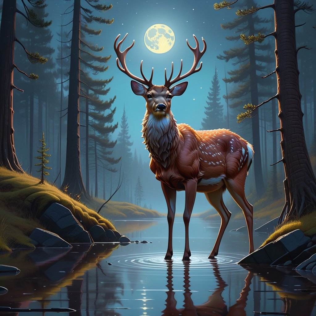 Detailed fine art print of a (Beautiful Deer, fluffy) standing in a moonlit beam, professional sinister concept art, by Art germ and Greg Rutkowski, water, reflection, an intricate, elegant and highly detailed digital painting, concept art , sharp soft focus, illustration, in the style of Simon Stalenhag, Wayne Barlowe and Igor Kierluk, an intricate, elegant and highly detailed digital painting, conceptual art award, colorful sharp soft focus, illustration, in the style of simon stalenhag, wayne barlowe and igor kieryluk.