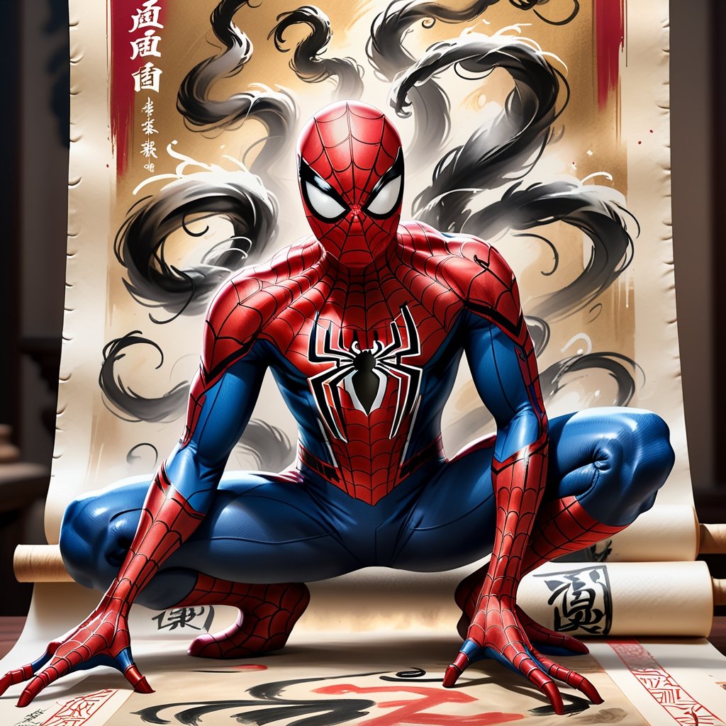 full-body picture .Generate hyper realistic image of an ancient scroll featuring an ink wash painting of a marvel spider man, surrounded by traditional brushstroke elements, creating an evocative piece reminiscent of classical Asian art, Movie Poster,Movie Poster, sharp focus, intense colors, vibrant colors, chromatic aberration,MoviePosterAF, UHD, 8K,oil paint,painting
