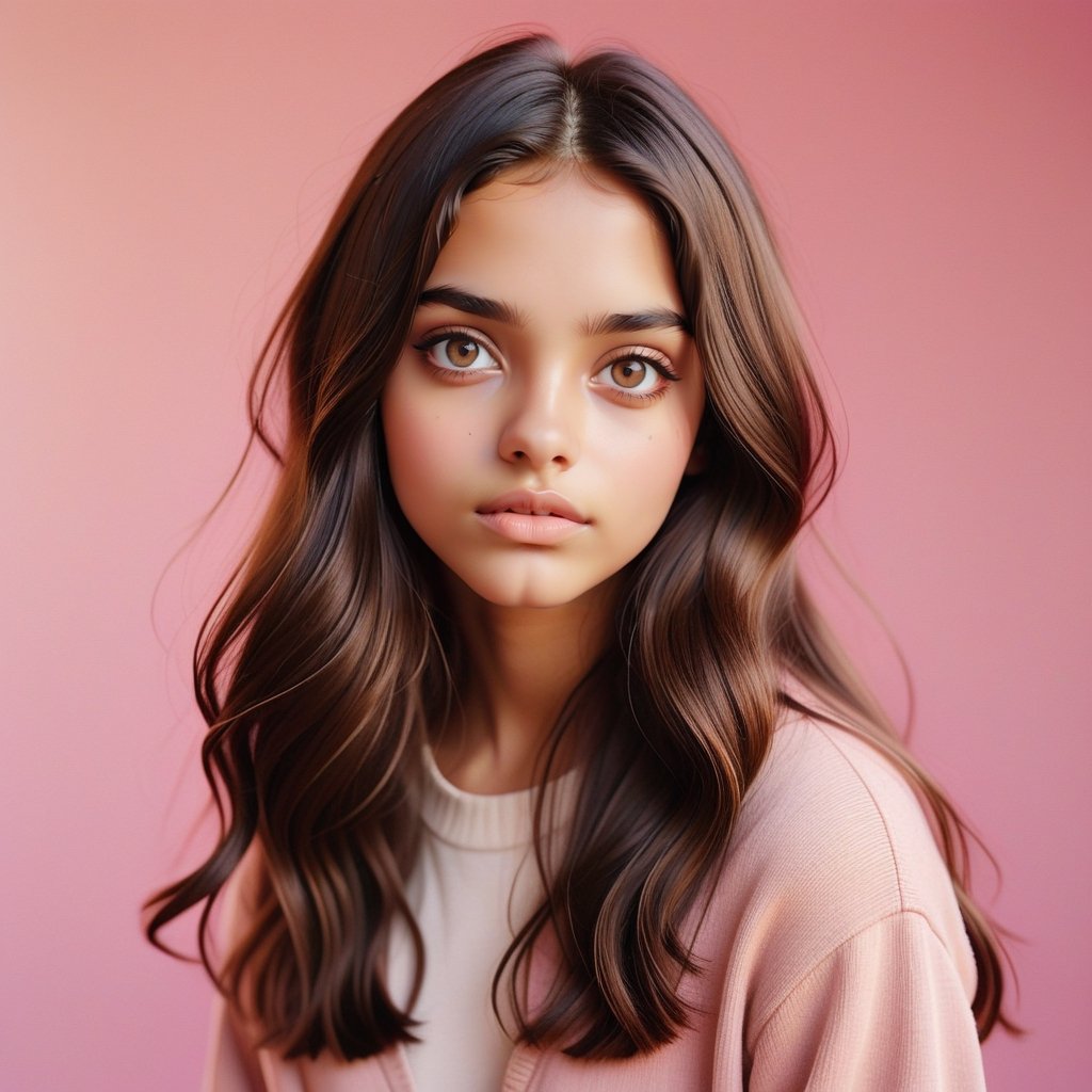 2016 Photo of a 16-year-old, mixed with Indian and White, Urban Outfitters model, with very long dark brown hair, hazel eyes, an alluring gaze, dynamic pose, pink background, mid-length shot, warm color tone, 35mm, shot on Kodak Ektar 100, realistic