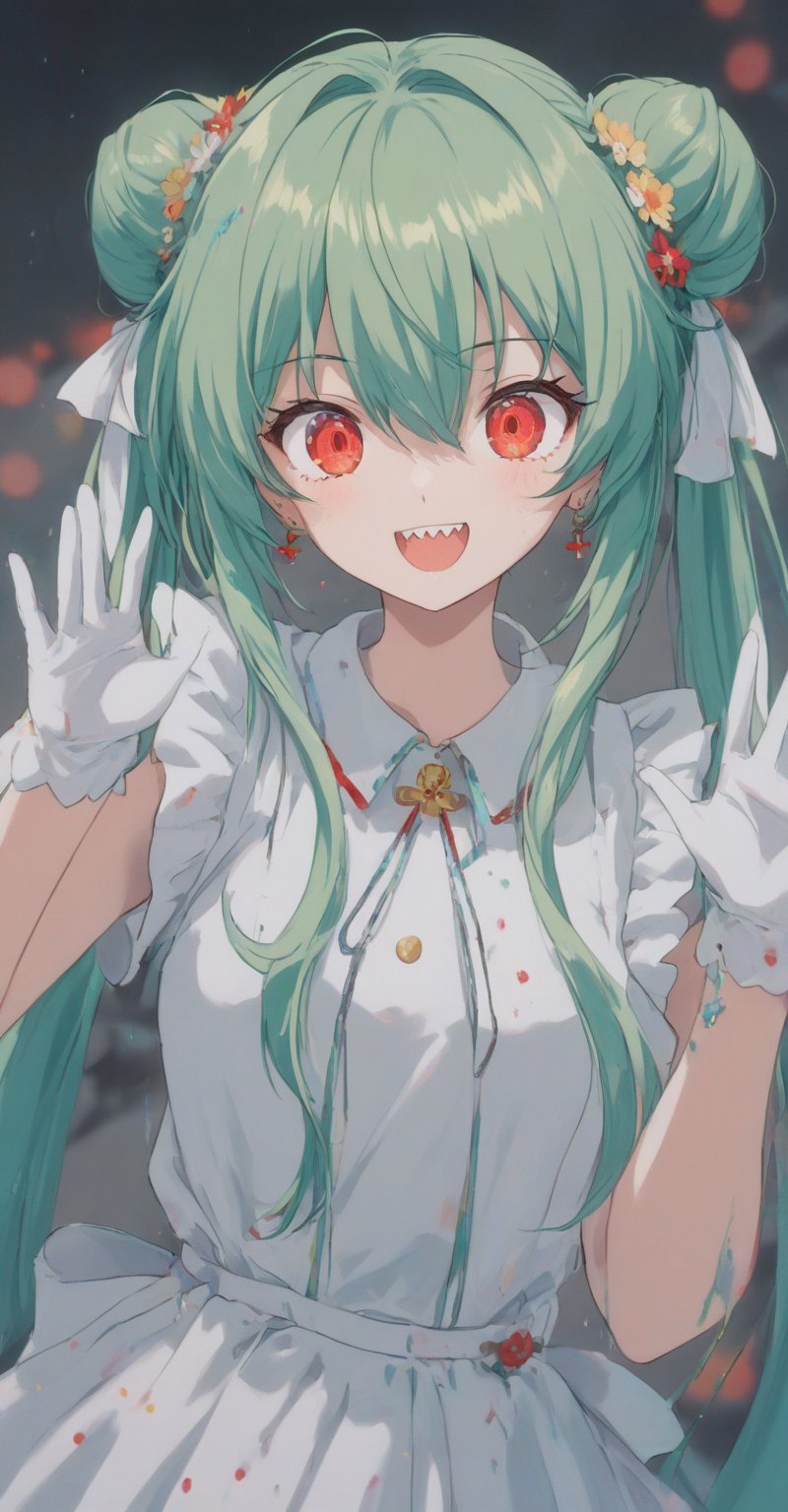 1girl, solo, long hair, looking at viewer, smile, open mouth, bangs, shirt, hair ornament, red eyes, gloves, hair between eyes, twintails, jewelry, very long hair, upper body, short sleeves, :d, earrings, green hair, teeth, white gloves, hair flower, hair bun, blurry, bracelet, hands up, double bun, glowing, cross, sharp teeth, glowing eyes, crazy eyes, crazy smile, hatsune miku,dripping paint,retro artstyle