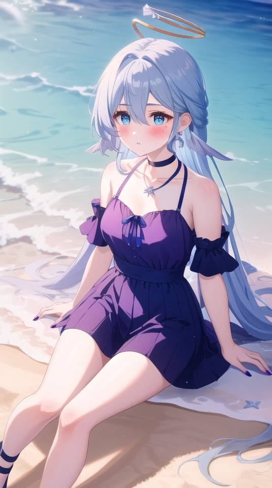 1 Girl, Solo, Long hair, chest, blush, bangs, blue eyes, hair between the eyes, Jewelry, sitting, Very long hair, blue hair, collarbone, shirt, Shirt to thigh, blush thigh, Earrings, Outdoor, ruffles, parted lips, choker, water, nail polish, Black shoes, Thighband, Halter, halo, Variza, beach, sandals, Wing, Blue nails, sand, nail polish, blue necklace, seashells, starfish,
robinSR, white_hair