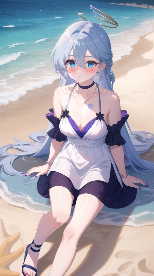 1 Girl, Solo, Long hair, chest, blush, bangs, blue eyes, hair between the eyes, Jewelry, sitting, Very long hair, blue hair, collarbone, white shirt, Shirt to Thigh, blush Thigh, Earrings, Outdoor, ruffles, parted lips, choker, water, nail polish, Black shoes, Thighband, Halter, halo, Variza, beach, sandals, Wing, Blue nails, sand, nail polish, blue necklace, seashells, starfish,
robinSR, white_hair