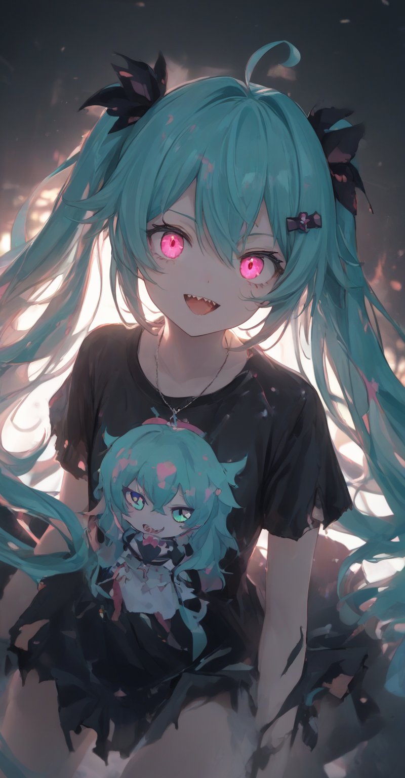 1girl, solo, long hair, looking at viewer, smile, open mouth, bangs, shirt, hair ornament, hair between eyes, twintails, jewelry, very long hair, ahoge, teeth, solo focus, pink eyes, necklace, torn clothes, black shirt, aqua hair, glowing, cross, sharp teeth, glowing eyes, backlighting, hatsune miku,Bowsette,dripping paint