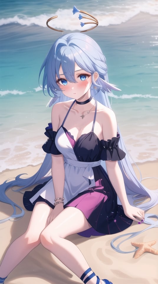 1 Girl, Solo, Long hair, chest, blush, bangs, blue eyes, hair between the eyes, Jewelry, sitting, Very long hair, blue hair, collarbone, shirt, Shirt to thigh, blush thigh, Earrings, Outdoor, ruffles, parted lips, choker, water, nail polish, Black shoes, Thighband, Halter, halo, Variza, beach, sandals, Wing, Blue nails, sand, nail polish, blue necklace, seashells, starfish,
robinSR, white_hair