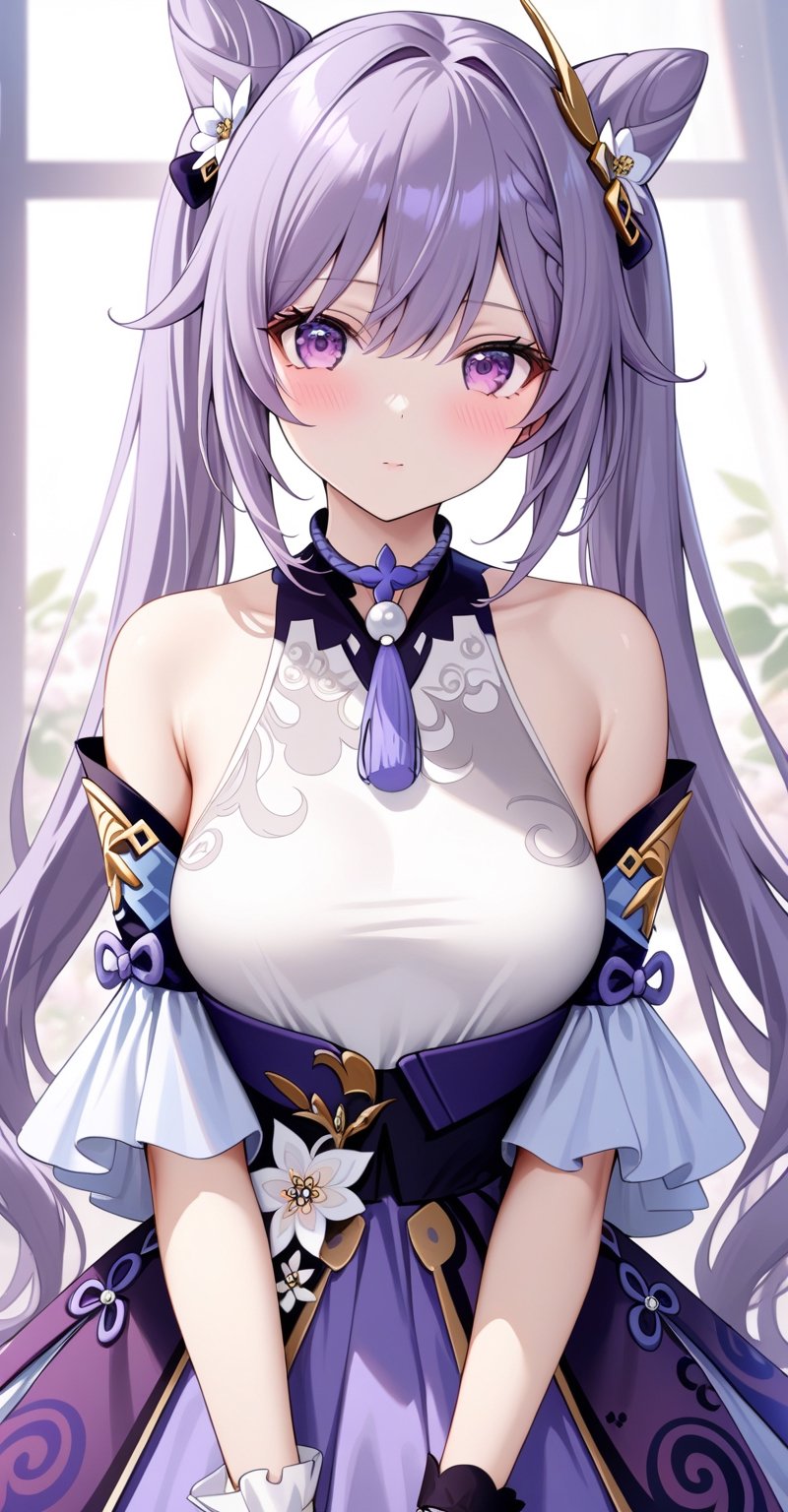 (Masterpiece, best quality: 1.2), crazy detail, absurd, super high, super detail, best quality, slender, kawaii, perfectly symmetrical face, super cute girl, Super cute face, super detailed eyes, super cute, super beautiful, yae，1girl, solo, long hair, breasts, looking at viewer, blush, bangs, skirt, hair ornament, gloves, long sleeves, dress, bare shoulders, twintails, medium breasts, very long hair, closed mouth, purple eyes, upper body, purple hair, flower, detached sleeves, sleeveless, black gloves, hair flower, hair bun, double bun, own hands together, purple skirt, cone hair bun, keqing \(genshin impact\)