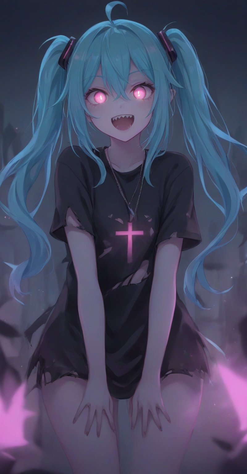 1girl, solo, long hair, looking at viewer, smile, open mouth, bangs, shirt, hair ornament, hair between eyes, twintails, jewelry, very long hair, ahoge, teeth, solo focus, pink eyes, necklace, torn clothes, black shirt, aqua hair, glowing, cross, sharp teeth, glowing eyes, backlighting, hatsune miku