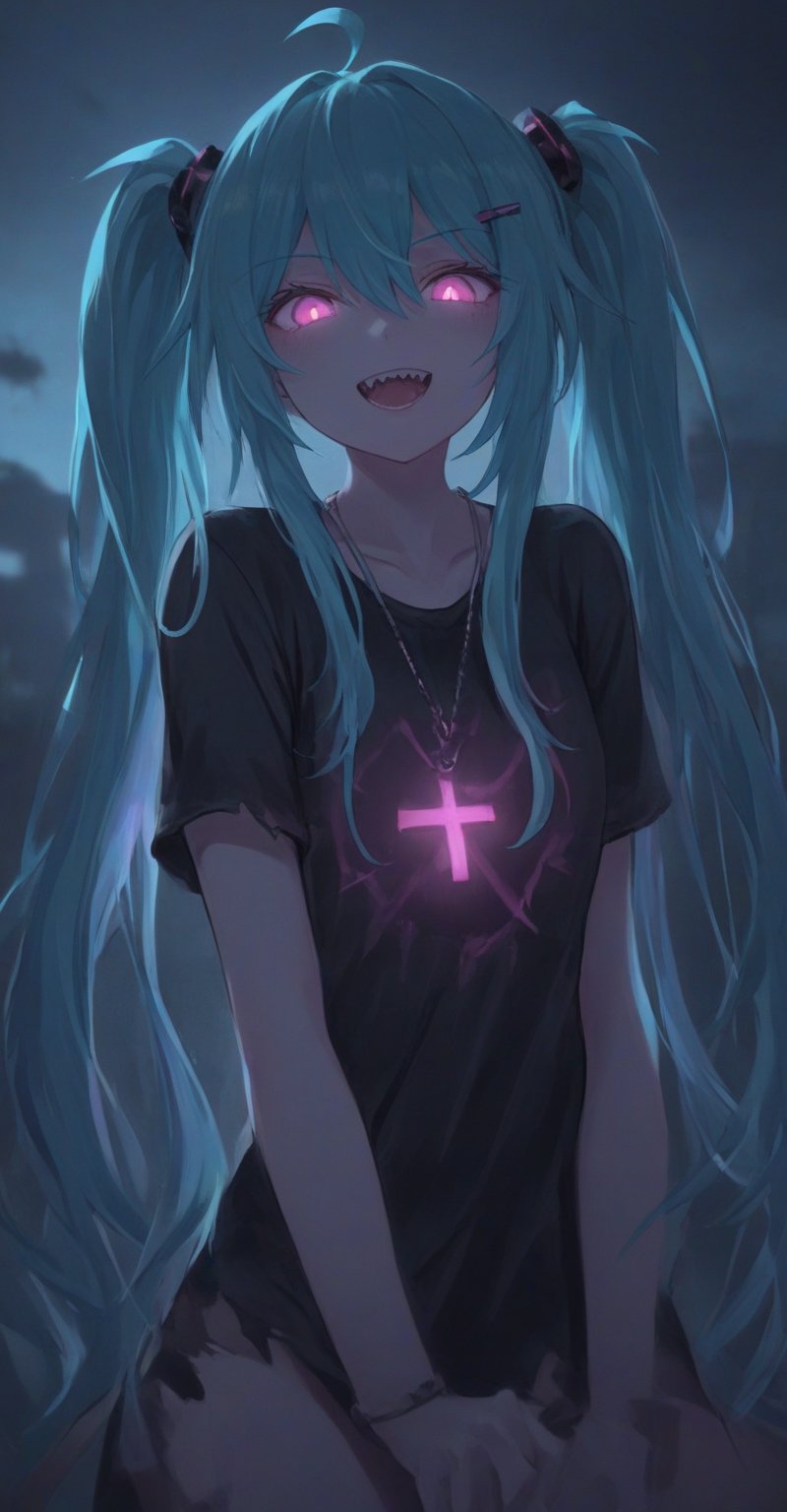 1girl, solo, long hair, looking at viewer, smile, open mouth, bangs, shirt, hair ornament, hair between eyes, twintails, jewelry, very long hair, ahoge, teeth, solo focus, pink eyes, necklace, torn clothes, black shirt, aqua hair, glowing, cross, sharp teeth, glowing eyes, backlighting, hatsune miku