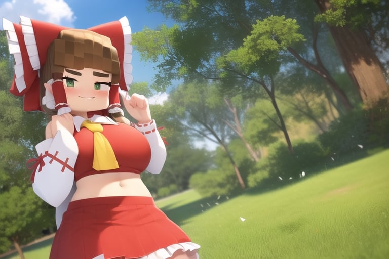 'Add LoRA'
masterpiece, best quality, oppai loli, gigatic breasts, midriff, hakurei reimu, collared shirt, frilled shirt collar, yellow ascot, detached sleeves, white sleeves, wide sleeves, red skirt, frilled skirt, red dress, sleeveless dress, outdoors, standing, light smile, looking at viewer, cowboy shot ,mcnsfw