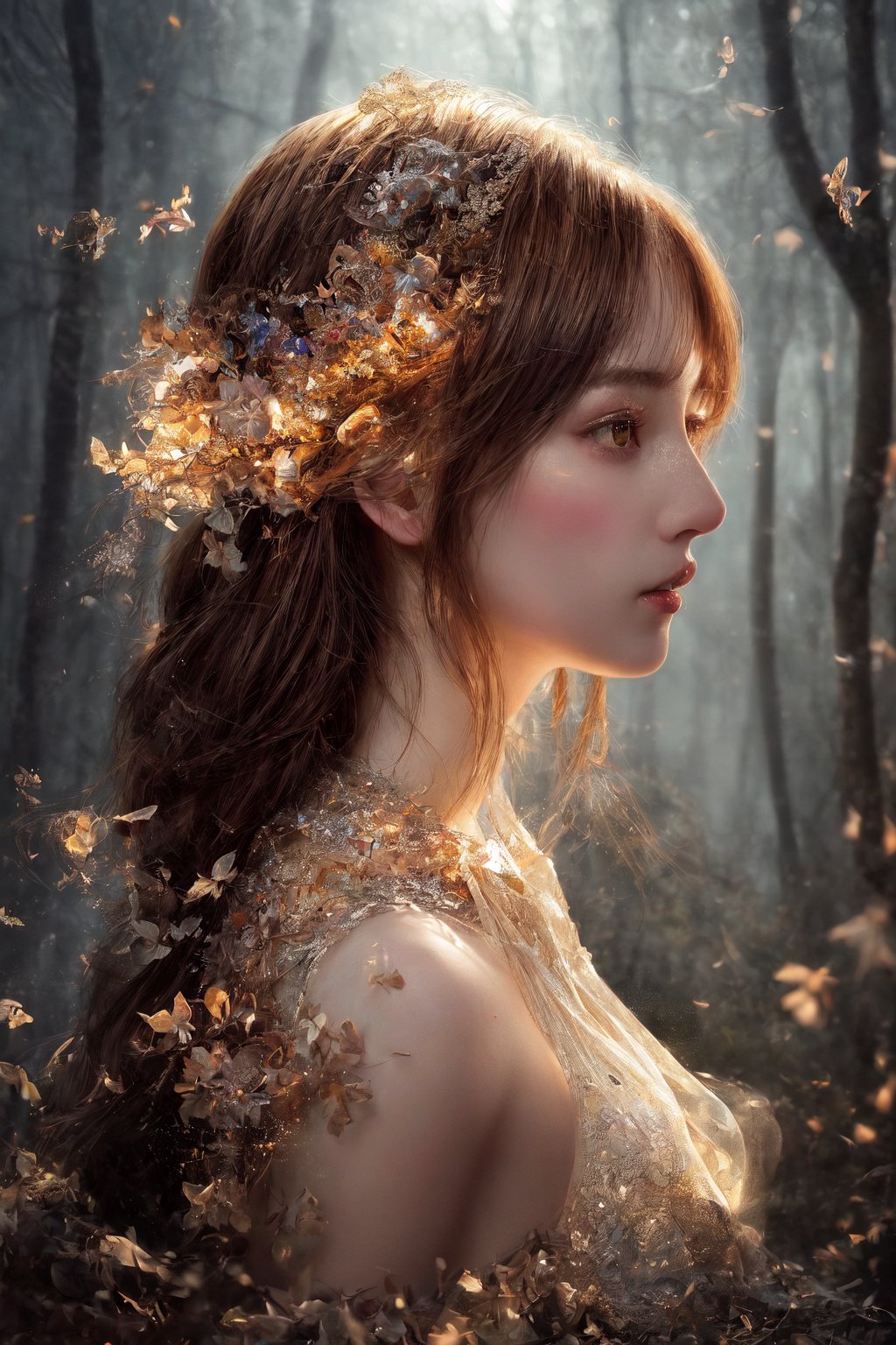 Softbox studio lighting casts a warm glow on the hyperrealistic digital artwork, featuring a female model composed of intricately detailed puzzle pieces. Her serene expression contrasts with the dynamic disassembly of her right side, as fragments scatter into the air. The subtle color palette of natural tones emphasizes the surreal nature of the scene.