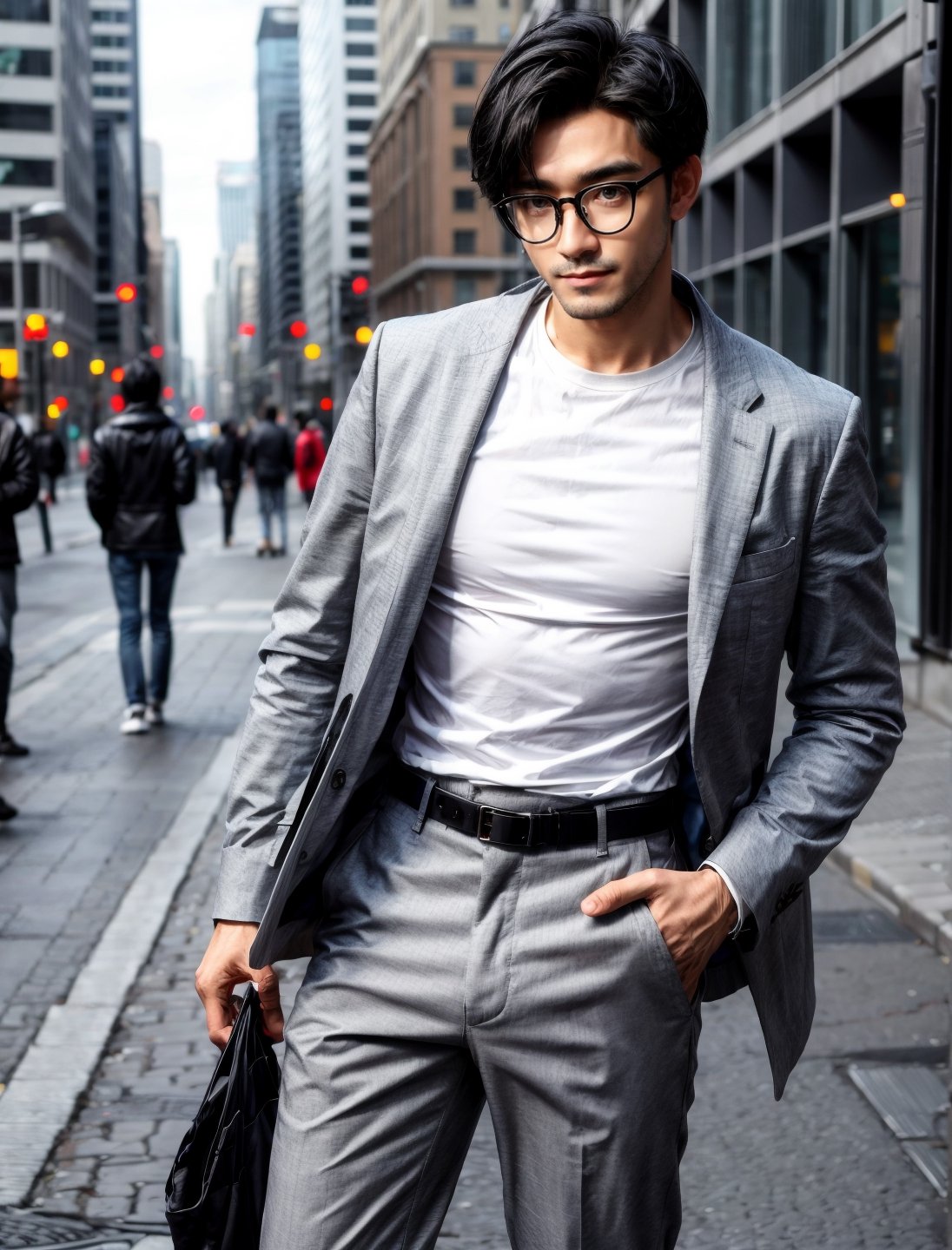 solo, black hair,,  1boy, male focus, pants, ,((glasses)),((Random pose)),solo, looking at viewer, short hair, shirt, black hair, 1boy, male focus, outdoors, open clothes, glasses, belt, pants, open jacket, open shirt, muscular, night, , abs, pectorals, muscular male, building, bara,  , city, white pants, grey jacket, cityscape, grey pants, 