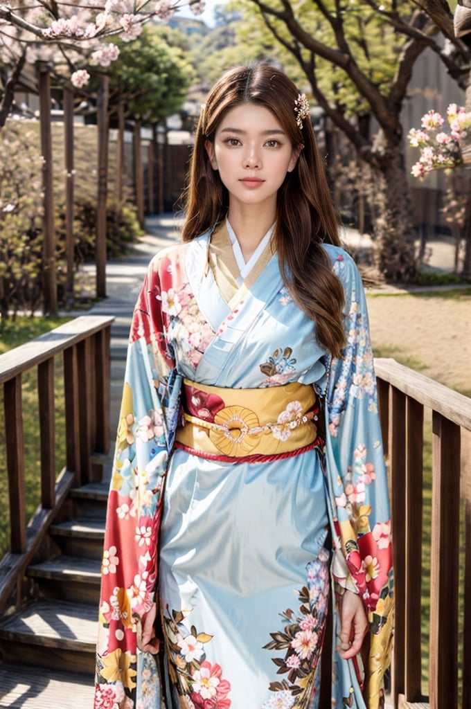 1girl, solo, long hair, looking at viewer, brown hair, hair ornament, brown eyes, standing, flower, outdoors, japanese clothes, day, hair flower, wide sleeves, kimono, tree, lips, sash, obi, floral print, cherry blossoms, white kimono, stairs, realistic

