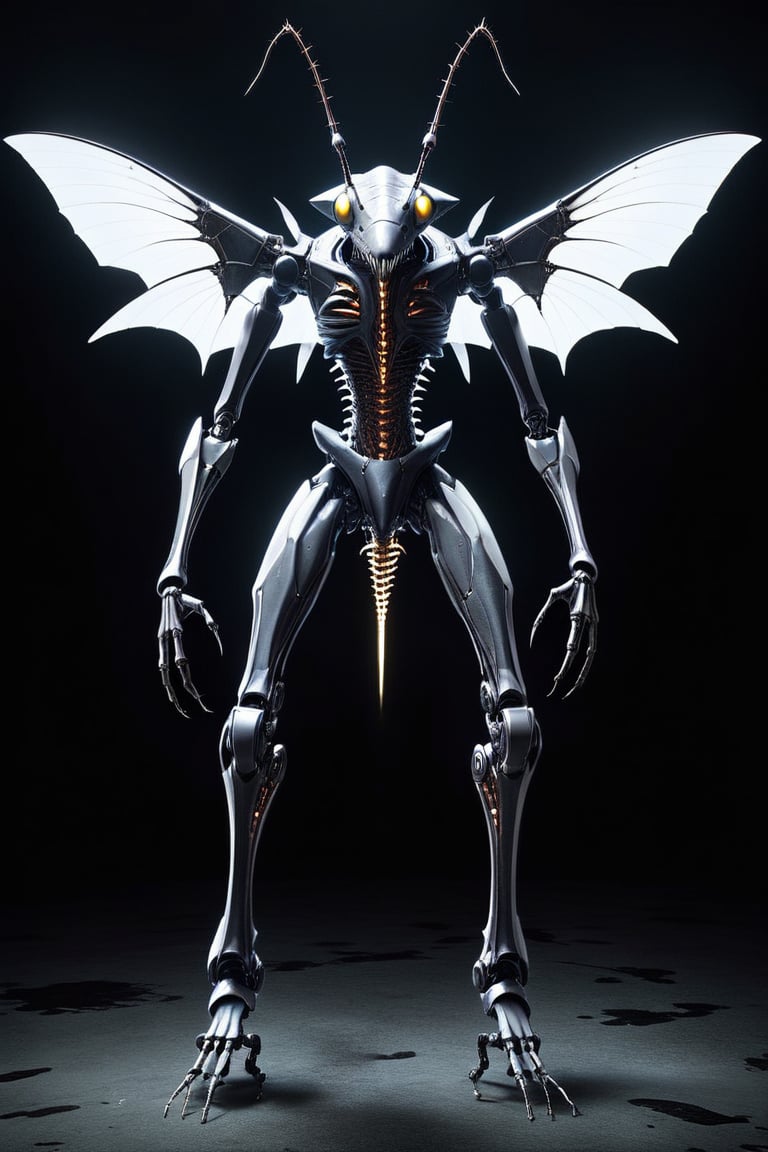 a hichtech android. full body view. The android has 8 eyes, all insect eyes that look creepy and are illuminated. Insectoid, Antennae of an insect. headform of a hammerhead shark. disturbing, mesmerizing, confusing, hightech,P14n03l3g4nt3b0n3,monster. The android is black and white, except for the eyes and wings. Perfect light that gives it a ghostly atmosphere. Very slender build, as it has to fly. It has thorns in several places. The several wings are elegant with a mesmerizing ornament.