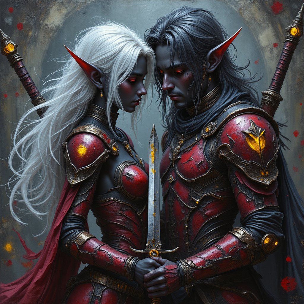 ((((Painting)))). ((1 girl)), ((1boy)), 2 drow holding each other . They have sleek black skin,stark white hair,pointy ears,light armor. Masterpiece.
It is artfully crafted. Their love is the center of the universe. The brush strokes as well as little stars encircling them help to threngthen that. 

Their armor as well as their skin is extremely colourful, as they are painted by an artist.
Their skin is like a mixture of black and dark lilac brushstrokes, merging them to the background.
Their armor is a mixture of different red tones, with tiny paint drops of yellow.
Their swords in their hilt have a white glow.
Her hair and his cape are flowing like the waves in the sea.
((((The further away from them, the less colourful the painting.)))) 