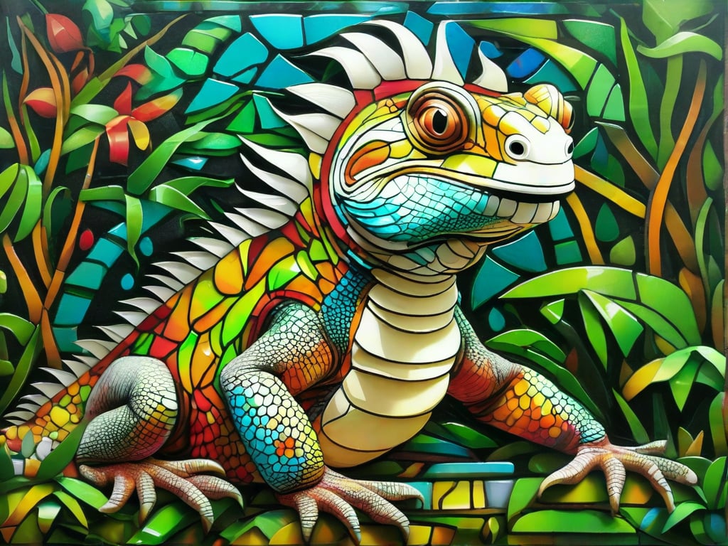 In this stunning art portrait of a crazy iguana, a striking blend of geometric shapes and swirling patterns is brought to life by the masterful work of Gaudi, Dalí and Mc Esher. 
The crazy iguana is as artistic, as it is also cute and funny. The background is a jungle with lianas and exotic plants. 

The picture is mesmerizing and intriguing. Its a masterful work of composition and colours. Only big scales. The scales are a colourful mosaic. wide open mouth, yawning