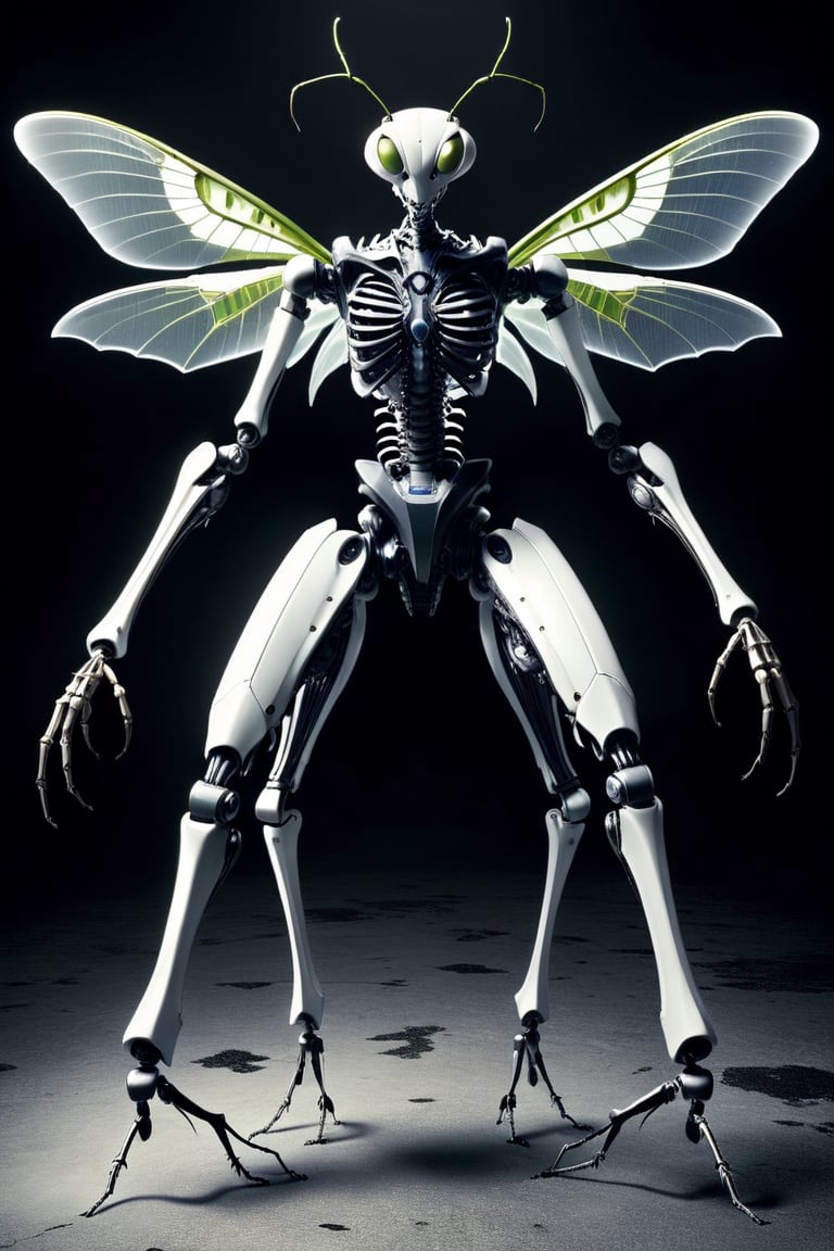 a hichtech android. full body view. The android has 8 eyes, all insect eyes that look creepy and are illuminated. Insectoid, Antennae of an insect. The big head has a headform of an ant. disturbing, mesmerizing, confusing, hightech,P14n03l3g4nt3b0n3,monster. The android is mostly black and white, except for the eyes and wings, but it has faint other colours. Perfect light that gives it a ghostly atmosphere. Very slender build, as it has to fly. It has thorns in several places. The several wings are elegant with a mesmerizing ornament.. The whole Android looks like a mixture of a ((mantis)) and a skeleton. It has circle-like ornaments in different areas that intend to confuse and mesmerize. 3/4 angle