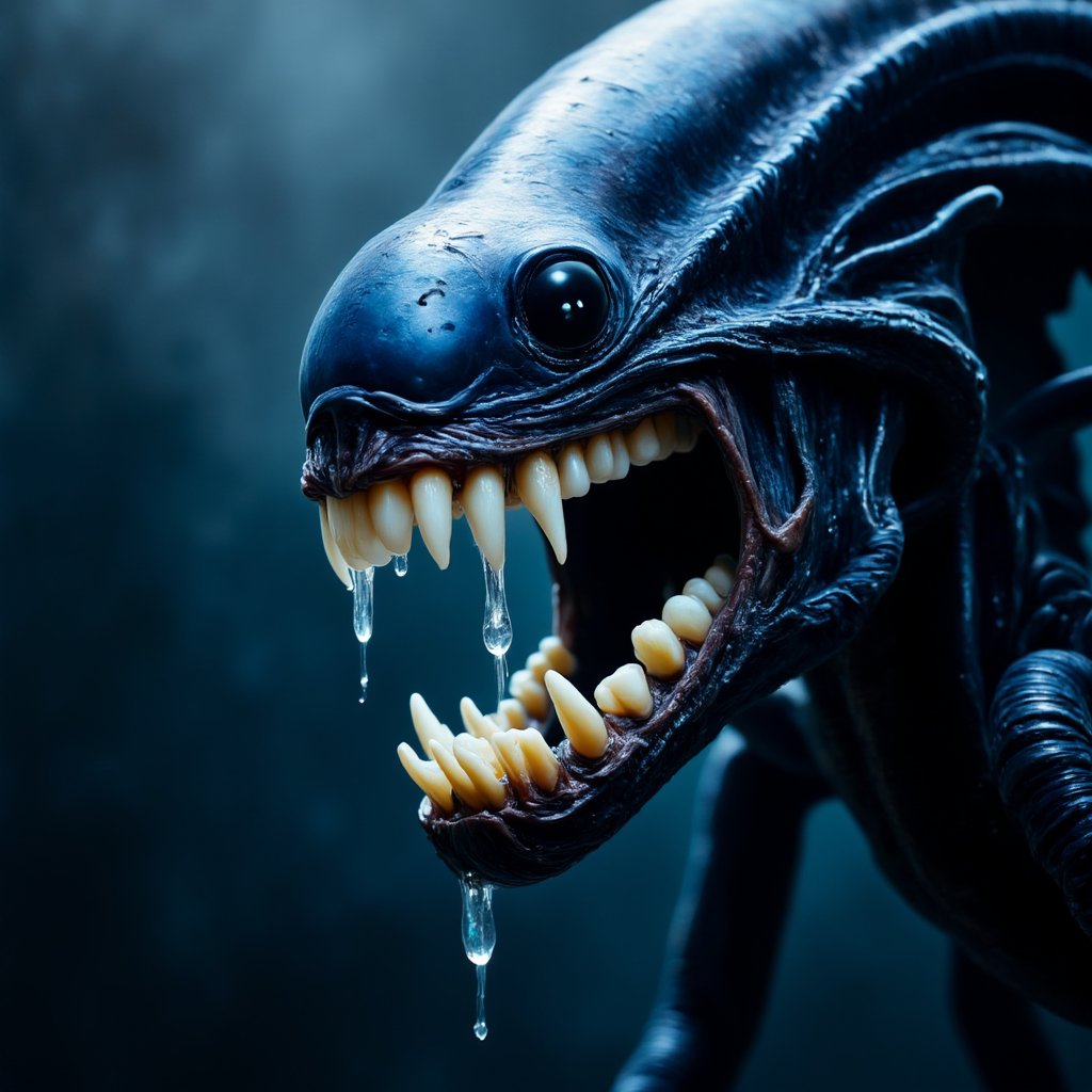 Realistic looking photography, creepy fantasy, Advertising, portrait 
1 xenomorph

The xenomorph looks realistic, right from the movie Alien. It looks frightening: very dark blue, white long needle like teeth (but no needles), slimy, the eye is hard to spot, small, without outer rim and the pupil is monochrome and blackish. 

((There is a thick mystic fog surrounding the xenomorph: 1))
(((The Xenomorph, apart from having clean white though sharp teeth, has a dental brace that somehow surrounds the upper teeth. Those teeth have no gaps and are good to put a dental brace)))
((The light is dim and helps create a more creepy atmosphere - but there is light enough to see the dental brace))

((clear saliva drips down)),
(Xenomorph looks real and creepy), (Xenomorph not made of plastic and Xenomorph doesn't look fake), (needle-shaped long teeth)
(Xenomorph has long sharp teeth, covered in a lot of clear saliva), 
(Xenomorph doesn't look like an underwater creature)
(no direct spotlight)

(White toothpaste announcement text:) "Aliens use ALPHA WHITE.", text,

DarkAtmosCE style