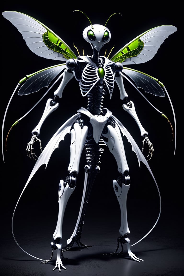 a hichtech android. full body view. The android has 8 eyes, all insect eyes that look creepy and are illuminated. Insectoid, Antennae of an insect. The big head has a headform of an ant. disturbing, mesmerizing, confusing, hightech,P14n03l3g4nt3b0n3,monster. The android is mostly black and white, except for the eyes and wings, but it has faint other colours. Perfect light that gives it a ghostly atmosphere. Very slender build, as it has to fly. It has thorns in several places. The several wings are elegant with a mesmerizing ornament. It has 4 Arms. The whole Android looks like a mixture of a ((mantis)) and a skeleton. It has circle-like ornaments in different areas that intend to confuse and mesmerize. 3/4 angle