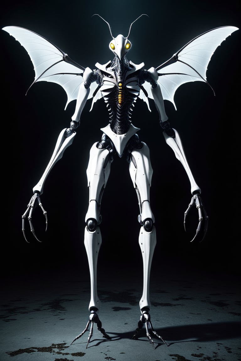 a hichtech android. full body view. The android has 8 eyes, all insect eyes that look creepy and are illuminated. Insectoid, Antennae of an insect. headform of a hammerhead shark. disturbing, mesmerizing, confusing, hightech,P14n03l3g4nt3b0n3,monster. The android is black and white, except for the eyes and wings. Perfect light that gives it a ghostly atmosphere. Very slender build, as it has to fly. Thorny legs.