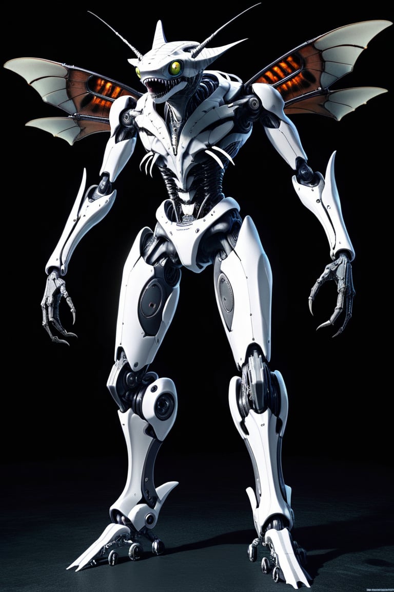 a hichtech android. full body view. The android has several visors because he has 4 sets of eyes, all insect eyes that look creepy. Insectoid, Antennae of an insect. headform of a hammerhead shark. disturbing, mesmerizing, confusing, hightech,P14n03l3g4nt3b0n3,monster. The android is black and white, except for the eyes.