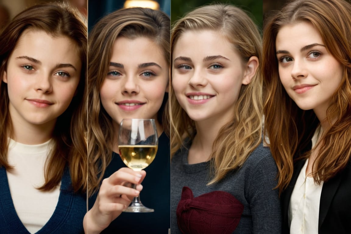 4girls, perfect lighting, perfect colours and composition, masterwork

(Mila Kunis):1.5,(Kristen Stewart):1.5,(Emma Watson):1.5 and (Chloë Grace Moretz):1.5
in a bar, drinking wine.
Each of them wearing distinct clothes. Mila Kunis wears something black,
Kristen Steward wears something blue,
Emma Watson wears something white,
Chloë Grace Moretz wears something red.

There are 4 girls, not less, not more.
Each of them looks distinct.