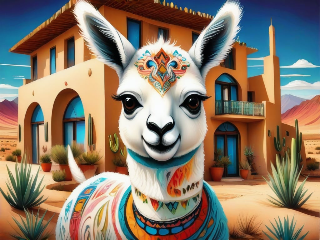 In this stunning art portrait of a llama in front of a latin american house, a striking blend of geometric shapes and swirling patterns is brought to life by the masterful work of Gaudi, Dalí and Mc Esher. 
The llama is close up and it is as artistic, as it is also cute and funny. The background is a vast desert with desert plants. 

The picture is mesmerizing and intriguing. Its a masterful work of composition and colours.,Ink art style