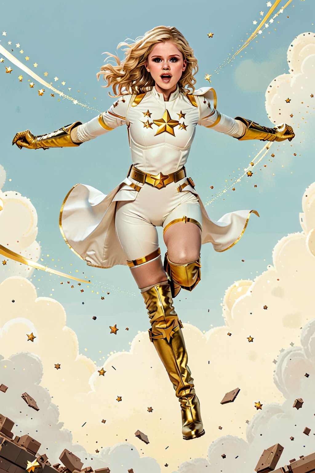 2D Pixel art of Erin Moriarty in a mainly white Super Hero costume flying out of the screen.
((perfect hands))
((Costume has a slim belt in 2 golden lines, golden arm protectors and light brown high boots with a star on them. The costume is modest but still worthy of a super hero. On the chest pf the costume are 3 golden stars)), (white cape with golden rims)
She breaks the barrier from Computer game to the real world. She is real already. Real shards splinter and fly away as she flies from the screen to freedom. Dust blows up a bit, as she nears her landing.
She leaves the game behind her by flying.wo3r1nM0
(In background: stars in 2d pixelart),erin_moriarty,starlight_costume