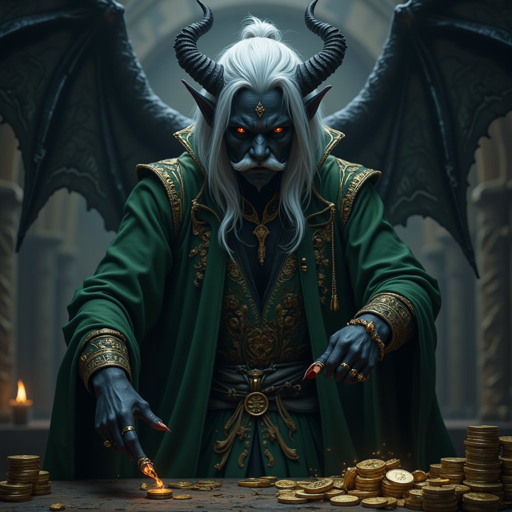 The magician is some weird kind of dark elf and has needle ((sharp teeth)). (Some of his teeth are golden.) His face is horned and with charcoal black skin . He wears a silken green robe with a cryptic fine writing in golden letters as embroidering and has a ((handfire weapon)) that are magically darkblue. The silken robe with the golden embroidering looks chinese. He gazes at the viewer with cold lidless eyes.

He robs a bank. The (( hand fire weapon, is pointed at the viewer)). On the counter lie big piles of gold coins.
He wears a big oversized gold chain himself and golden rings on his fingers, like an gangster from america. He also wears a striking white mustache and a goatee.

The whole picture shows a dark atmosphere like from a sinister movie.

(((not cropped))), (((well painted eyes))), ((((well painted hands)))), ((((well formed hands)))), (((no missing fingegrs, no extra fingers)))), ((no fire)), ((hands and face have the same colour)),spread wings,flying,stark white hair,sleek black skin,drow