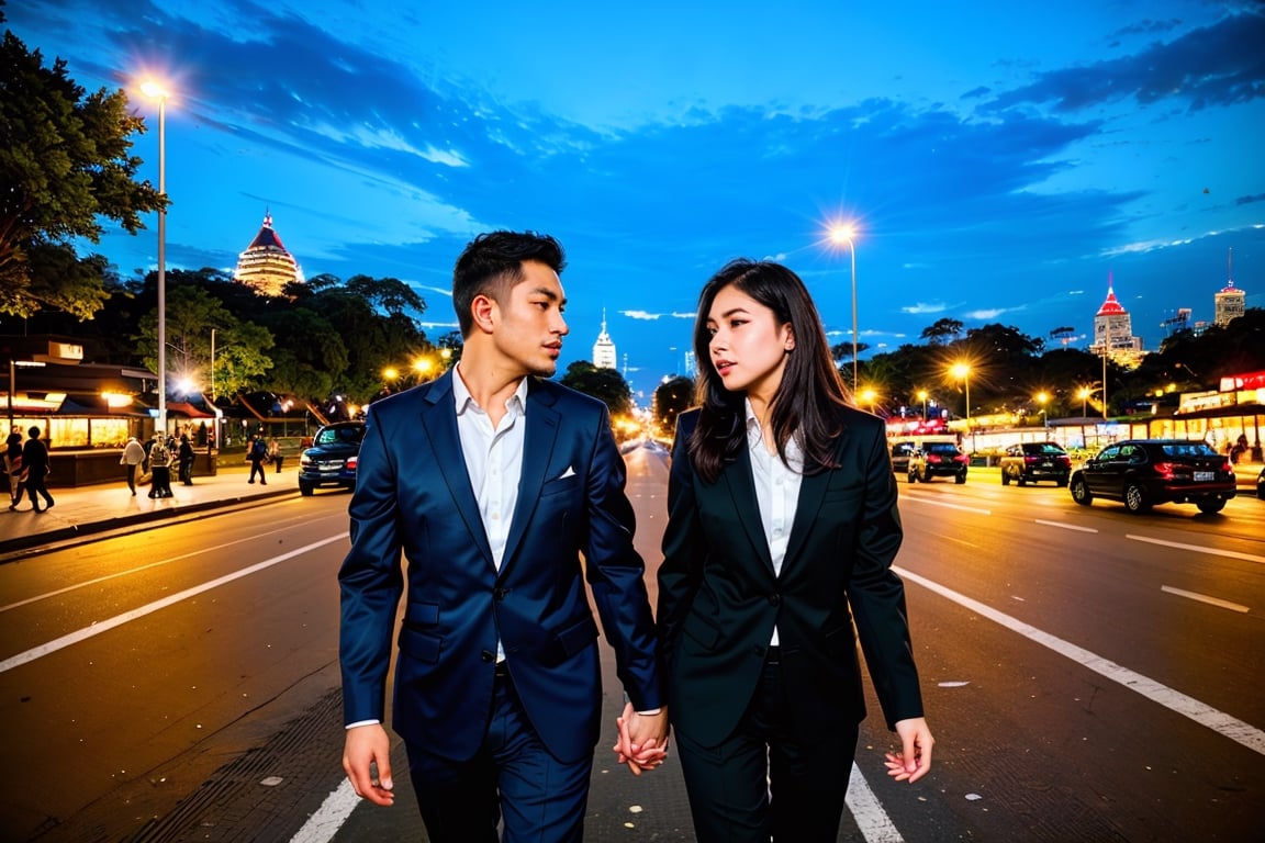 two people walk a distance but glance at each other in the cityscape of Jakarta, an Indonesian man walks gracefully outside the Jakarta Monas Monument, attracting the attention of an Indonesian woman who is mesmerized by the scent of cologne passing by. The surrounding environment is illuminated by the soft light of Jakarta city lights creating a romantic and enchanting atmosphere. Indonesian women standing in the shadows, watching Indonesian men with curiosity and admiration. Indonesian woman wearing a blazer and trousers, Taken by Rankin with a Canon EOS R6 camera and 35mm lens, the lighting includes the warmth of Jakarta's city lights, adding a touch of cinematic appeal to this urban encounter, a realistic romantic atmosphere,girl