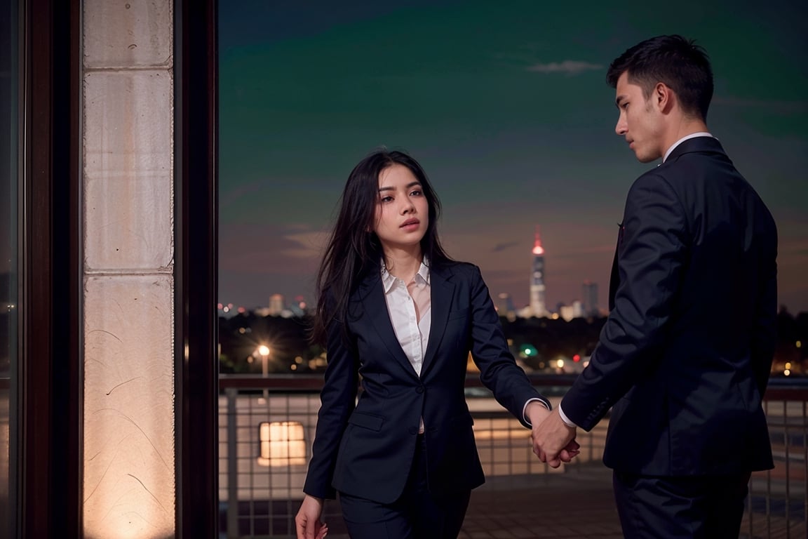 two people walking a long distance glance at each other in a long distance in the cityscape of Jakarta, an indonesian man walks gracefully outside Jakarta Monas Monument, catching the attention of an indonesian woman who becomes entranced by the intoxicating fragrance of his passing cologne. The surroundings are illuminated by the soft glow of jakarta city lights, creating a romantic and enchanting ambiance. The indonesian woman standing in the shadows, watches the indonesian man with a sense of curiosity and admiration. The indonesian woman wearing blazer and trouser , Captured by Rankin with a Canon EOS R6 and a 35mm lens, the lighting encompasses the warmth of jakarta city lights, adding a touch of cinematic allure to this urban encounter