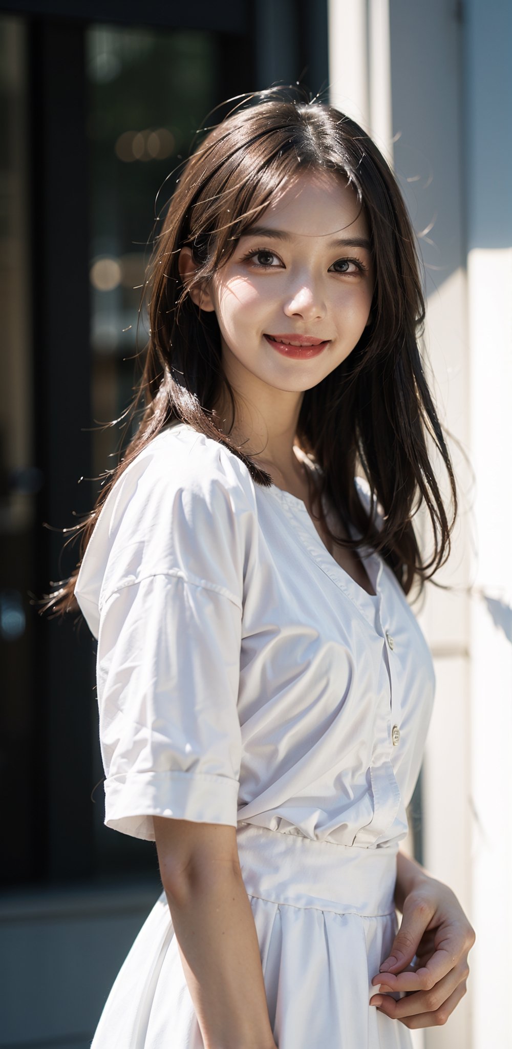  a girl,full body shot,masterpiece, top quality, (highly detailed 8k wallpaper, masterpiece, highest quality, highly detailed, best shadows), dynamic movements, beautiful detailed lighting, Korean, long black hair, medium chest, brown eyes, dimples, (front shot), full body shot, bright smile, (kindness smiling), wearing a white skirt, longer