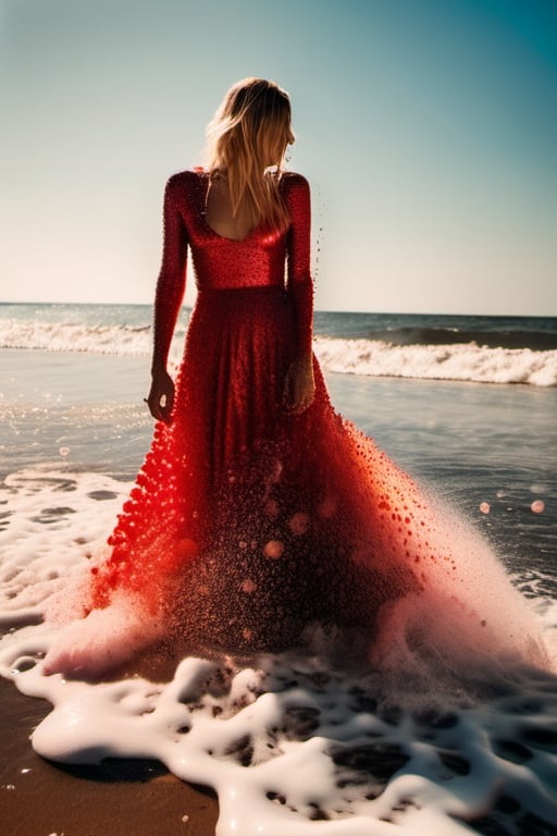 a blond woman on beach, water is red, covered in only dense layer small tiny red bubbles and foam, lots of red foam, bubbles covering whole body forming a long floaty light dress made of red foam all the way down to water, no swimsuit,  no fabric, the woman standing facing the water and giving the impression that the bottom of the bubbles is united with the water. there are water splash effects and beach background and sea with clear blue sky, full body