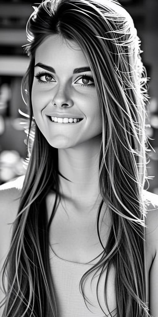 Generate hyper realistic image of a beautiful woman with long, brown hair cascading down. She looks directly at the viewer with a warm smile, showcasing her brown eyes. Dressed in a simple yet stylish ensemble, she wears a white shirt, and her lips curve into a charming smile. The viewer sees her from behind as she looks over her shoulder, accentuating her figure in denim jeans. The photo background adds a touch of authenticity to this casually elegant scene.