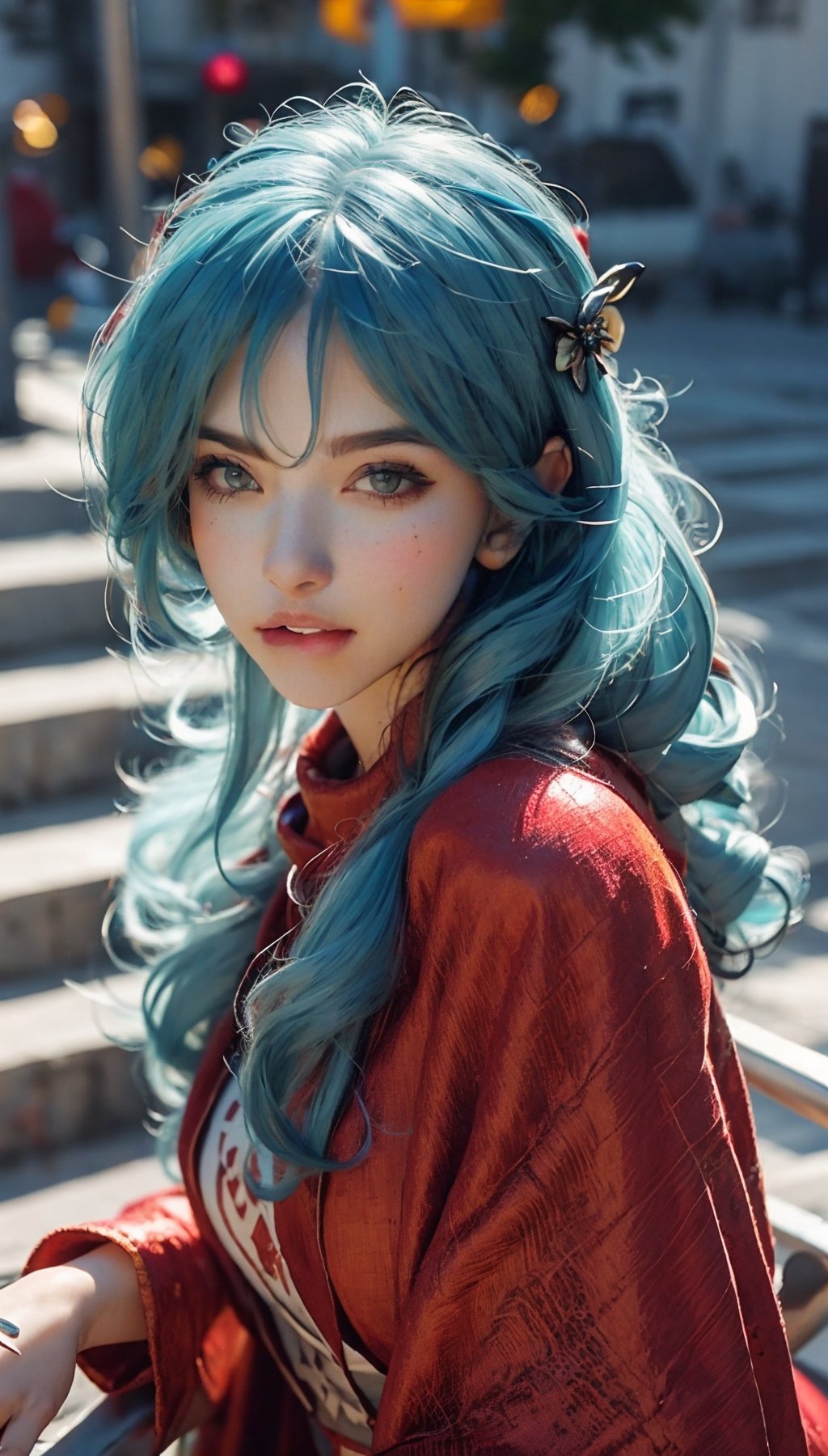 masterpiece, RAW,, ultra realistic, outdoors, ((blue hair)), (hair ornament), reah, long blue hair, looking at viewer, perfect face, see through top, stairs, facing viewer, photorealistic, blue glows, Science Fiction, sexy, 4K, 8k HD, Circle, high quality, OceanGoddess,1 girl, portrait,Modena butterfly, red scarf, red cloak, red dress, bracelet