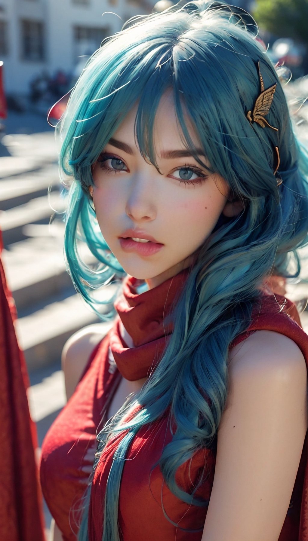 masterpiece, RAW,, ultra realistic, outdoors, ((blue hair)), (hair ornament), reah, long blue hair, looking at viewer, perfect face, see through top, stairs, facing viewer, photorealistic, blue glows, Science Fiction, sexy, 4K, 8k HD, Circle, high quality, OceanGoddess,1 girl, portrait,Modena butterfly, red scarf, red cloak, red dress, bracelet