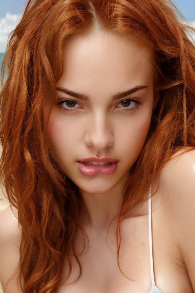 Generate hyper realistic image of a sexy 20 year old woman with long, ginger curly hair, ((blue eyes)), bright red lips, white micro bikini, biting lip , waist up, beach in background , wet body,
