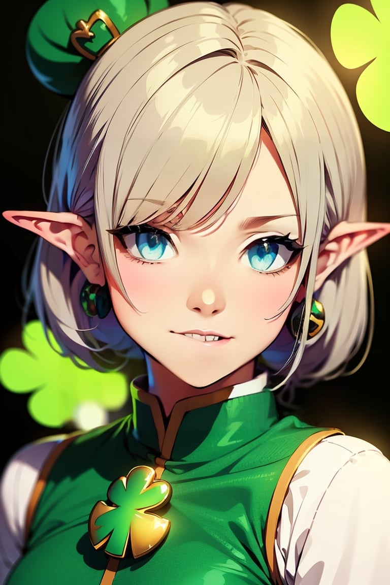 1 girl, elf, silver hair, short cut, (long ears: 1.3) (beautiful and aesthetic: 1.3), star-shaped eyes, green glow, Irish costume, BREAK, big smile, BREAK, highest quality, details, clover, photorealistic,BREAK,(St. Patrick's Day:1.5)
celts