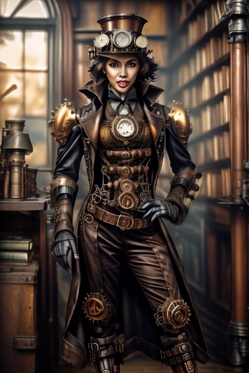 wide angle, full body picture of lady steampunk, 30 year old lady,  ((steampunk)), climbing library steampunk ladder, holding  books, blurred library in background, hdr, high definition, brown steampunk outfit,  perfect face, bokeh, one foot on ladder, steampunk skirt, wild west style library , steampunk toolbelt , black_hair ringlets, steampunk goggles, piles of books on floor , dusty, cobwebs, spider webs on shelf, worn bookcase, seductive_smile, detailed face, full_body , biting lip 