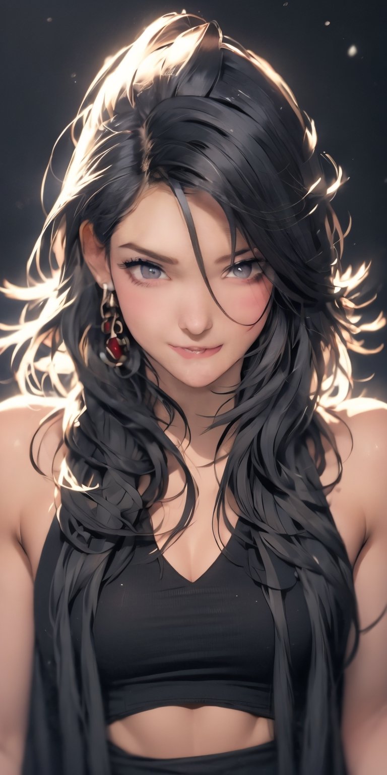 4k,best quality,masterpiece,20yo 1girl,(black suit and pants, alluring smile, head ornaments 

(Beautiful and detailed eyes),
Detailed face, detailed eyes, double eyelids ,thin face, real hands, muscular fit body, semi visible abs, ((short hair with long locks:1.2)), black hair, black background,


real person, color splash style photo,
