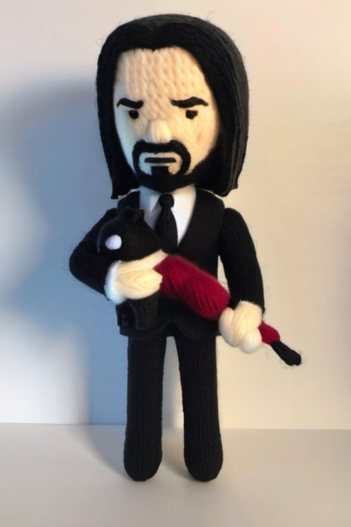 A knitted wool model of John wick and his dog. Big headed, cartoonish, cute, original colors, wielding knitted pistols.