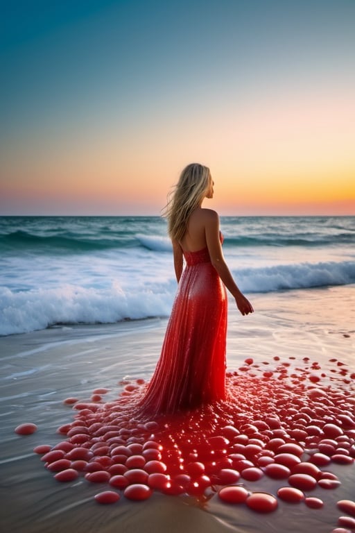 a blond woman on beach, water is red, covered in only dense layer small tiny red bubbles and foam, lots of red foam, bubbles covering whole body forming a long floaty light dress made of red foam all the way down to water, no swimsuit,  no fabric, the woman standing facing the water and giving the impression that the bottom of the bubbles is united with the water. there are water splash effects and beach background and sea with clear blue sky, full body, hourglass waist 