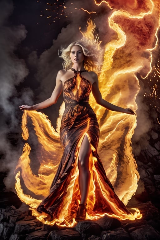 a blond woman on volcano rock, dress made of flames and fire, the long fire dress turning to lava from waist down,  the woman standing facing thecamers and giving the impression that the bottom of the dress is united with the rock, there are lava splash effects and fire background and volcano with lightning across sky, full body