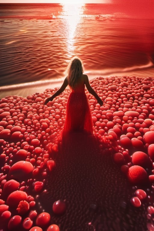 a blond woman on beach, water is red, covered in only dense layer small tiny red bubbles and foam, lots of red foam, bubbles covering whole body forming a long floaty light dress made of red foam all the way down to water, no swimsuit,  no fabric, the woman standing facing the water and giving the impression that the bottom of the bubbles is united with the water. there are water splash effects and beach background and sea with clear blue sky, full body, hourglass waist 