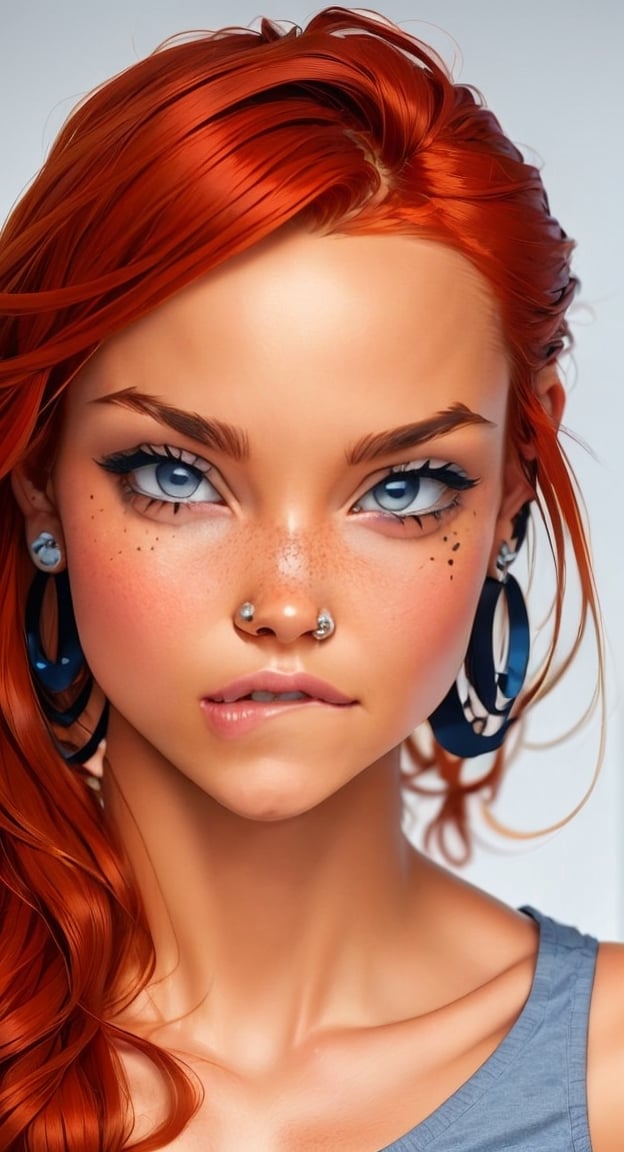 1girl, solo, looking at viewer, jewelry, red hair, blue eyes, earrings, , ear piercing, realistic,  lip piercing,pandora, hazy background 