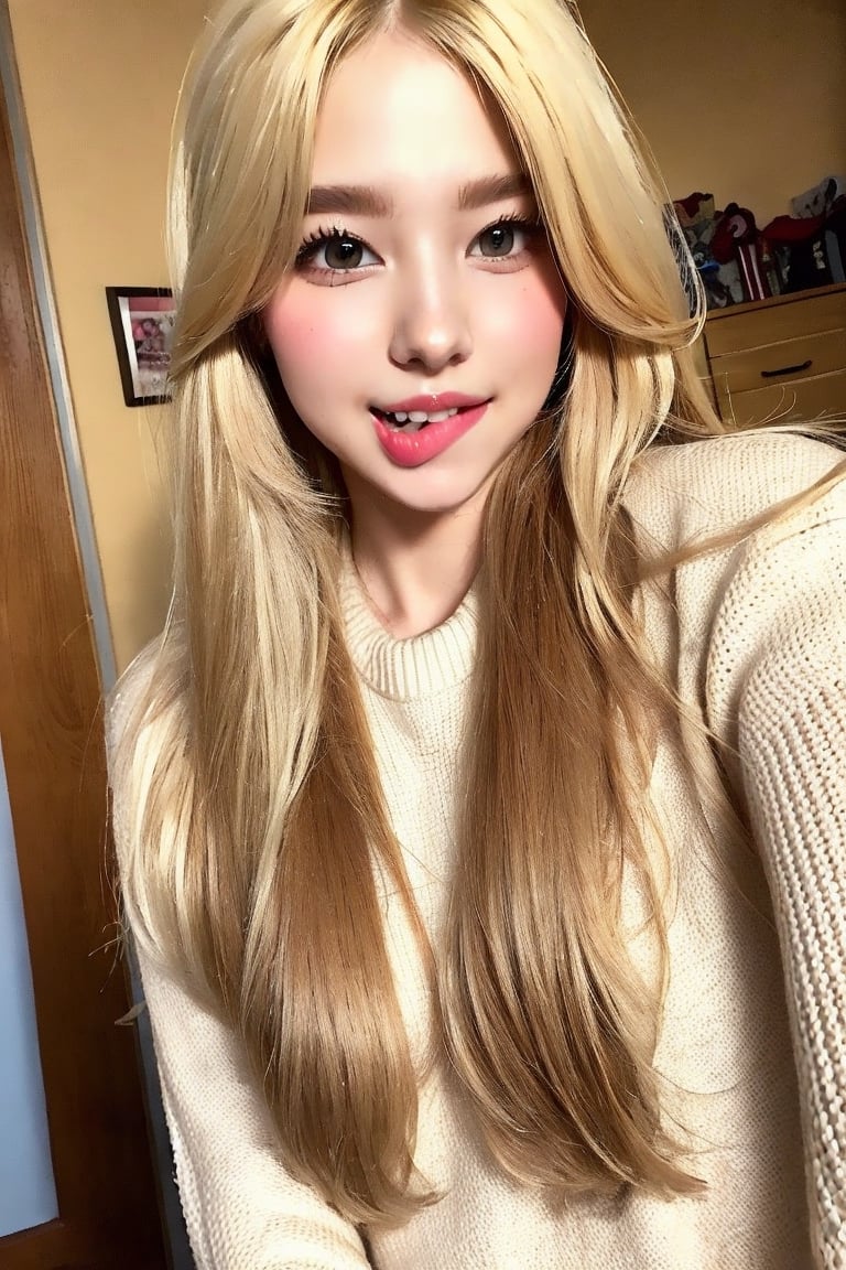  woman with long hair, knitted jumper, feminine looking, without makeup, beauty, feminine face, happy, blond, flirting, selfie, biting lips
