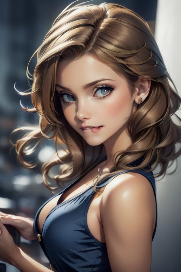 1girl, brown hair, styled, slim built, medium bust, long legs, bewitching  blue eyes, wing eyeliner, long eyelashes, blue eye shadow, realistic skin, better hands, five fingers, photorealistic, cinematic and dramatic lighting. navy blue skirt, biting lip , side view , seductive smile 