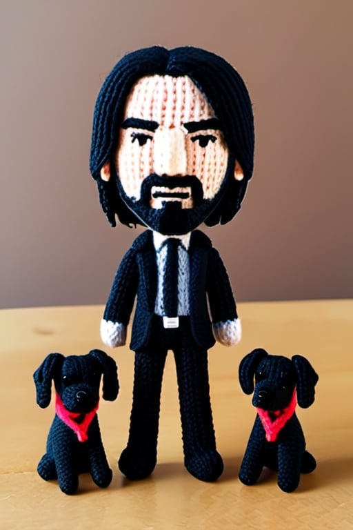 A knitted wool model of John Wick and his dogs. Big head, cartoonish, cute, original colors, (2 knitted pistols).