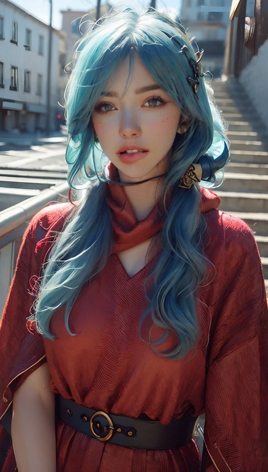 masterpiece, RAW,, ultra realistic, outdoors, ((blue hair)), (hair ornament), reah, long blue hair, looking at viewer, perfect face, see through top, stairs, facing viewer, photorealistic, blue glows, Science Fiction, sexy, 4K, 8k HD, Circle, high quality, OceanGoddess,1 girl, portrait,Modena butterfly, red scarf, red cloak, red dress, bracelet