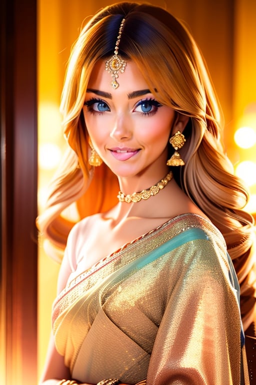 An incredibly beautiful young femme fatale is a golden-haired blonde with two bunches on her head and two long tails, blue-eyed, dressed in a traditional white saree. Masterpiece, perfect image, realistic shots, detailed study of the face, full-length image, 8k, detailed image. extremely detailed illustration, a real masterpiece of the highest quality, with careful drawing. ,sailor moon,indian,serena tsukino,Indian dress,sari,aausagi,Saree,saree