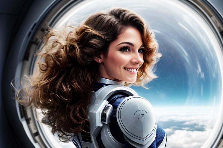 futuristic, woman brown wavy hair, standing in spaceship next to panoramic window, smiling, playing with hair, wearing white mecha armour, photorealistic, posing, no_sleeves, skin, viewed_from_side